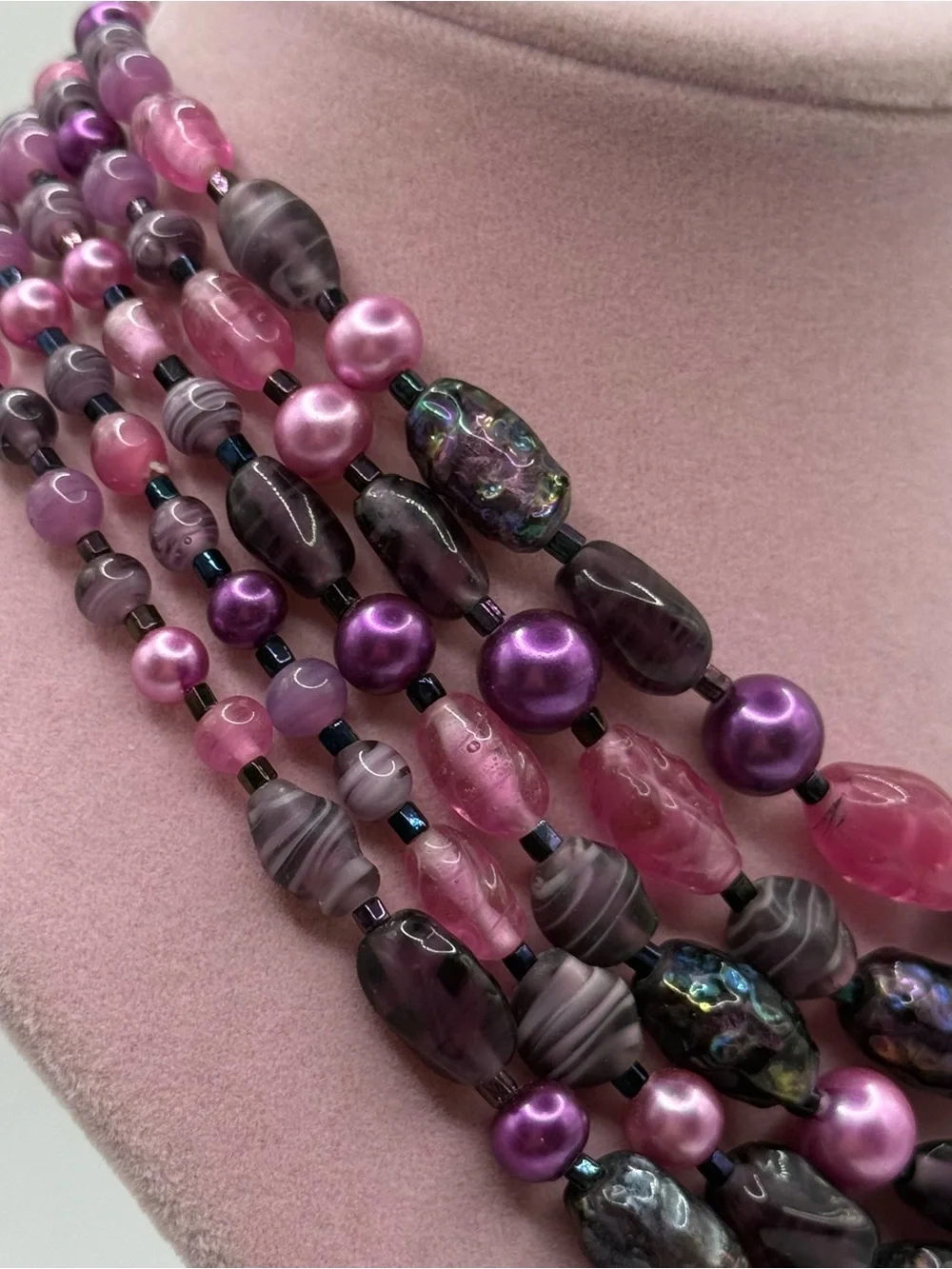 All glass Multi-Strand Pink & Purple Statement multi layered Beaded Necklace